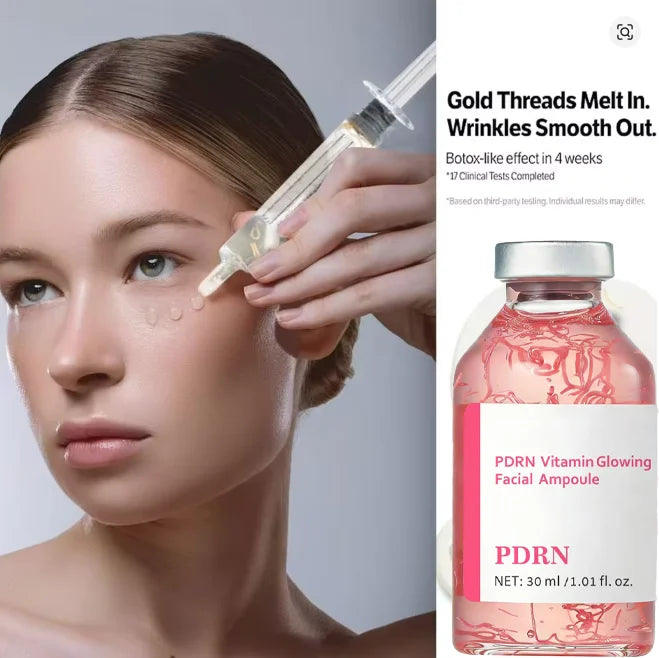 Tidesmit Deep Collagen Essence texture close-up featuring Pink PDRN stem cell ampoule for brightening and hydration