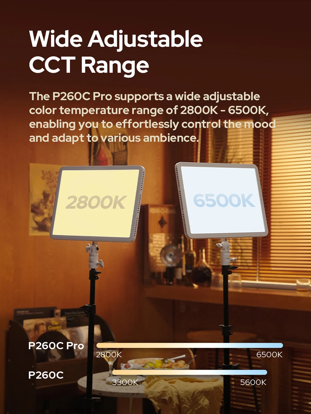 P260C Pro rectangular LED panels on light stands showing adjustable color temperatures from 2800K warm to 6500K cool.