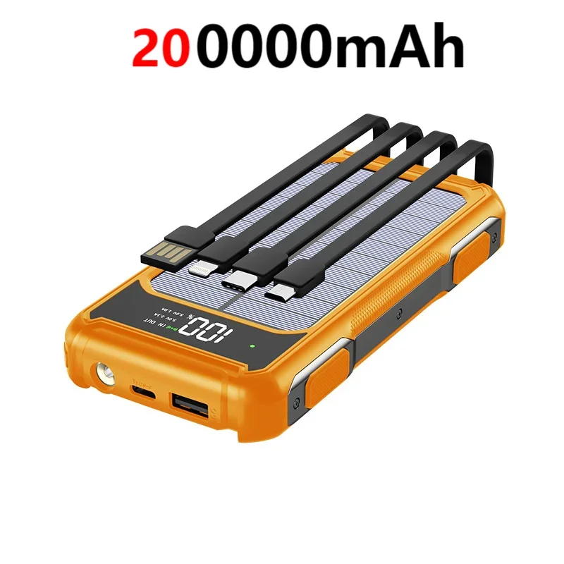 Solar Power Bank 200000mAh with Built-in Cables | Tidesmit Orange 200000mAh Tidesmit