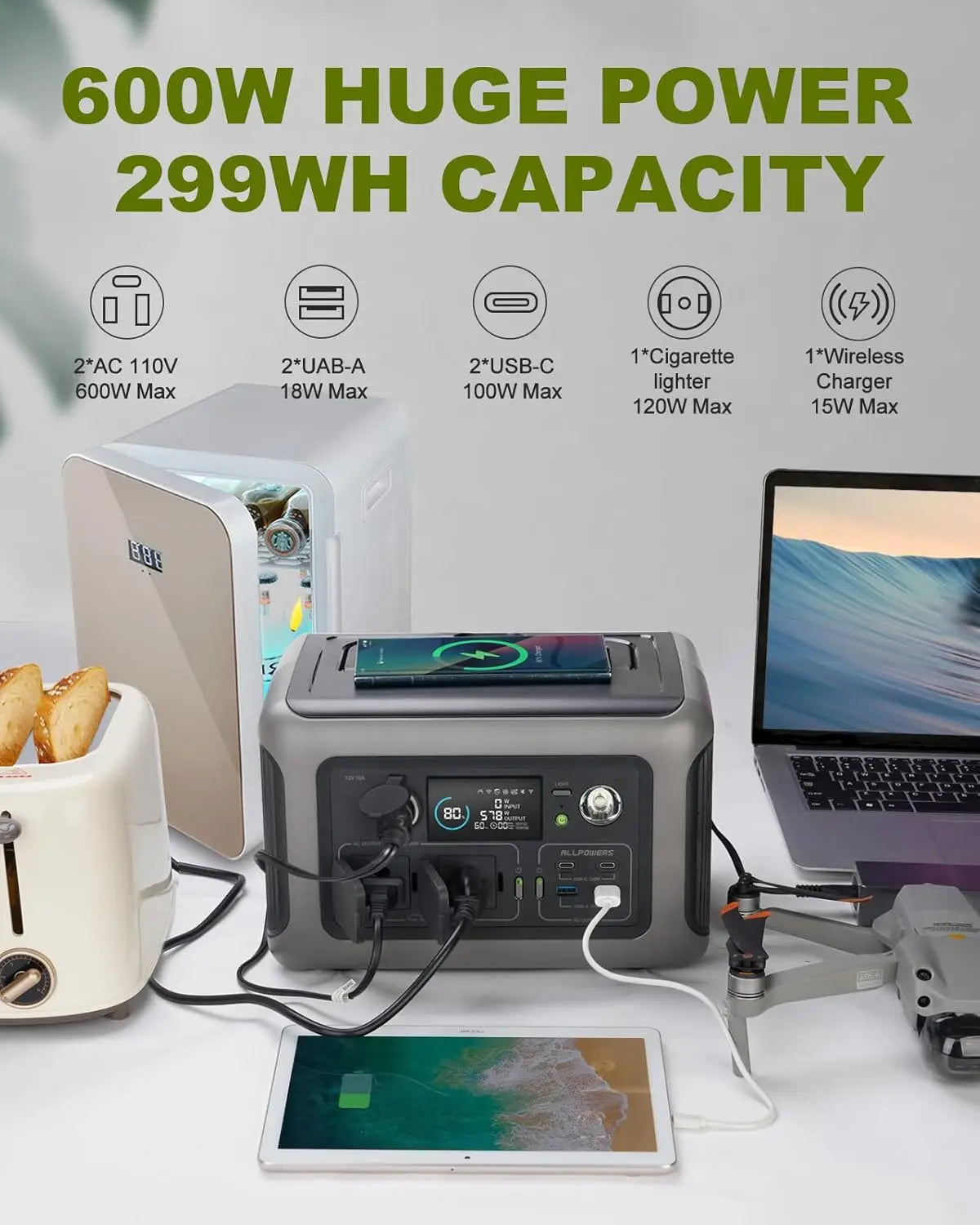 Portable Power Station 299Wh 600W LiFePO4 Fast Charging Battery Tidesmit