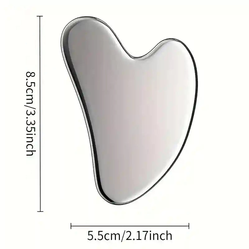 Shiny stainless steel dolphin-shaped gua sha tool with dimensional measurement markings.