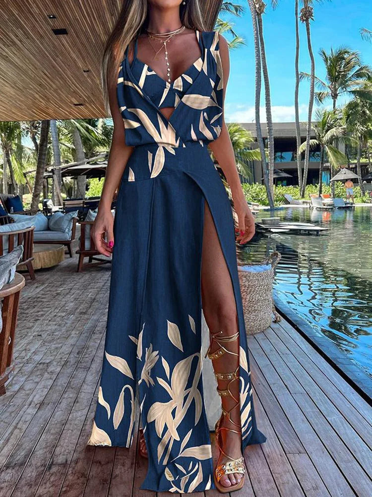 New Sexy Sets Women Summer Beach Style Printed Hollow Out Party Dress Outfit Deep V-Neck Bra Split Dress 2PCS Suits Dropshipping