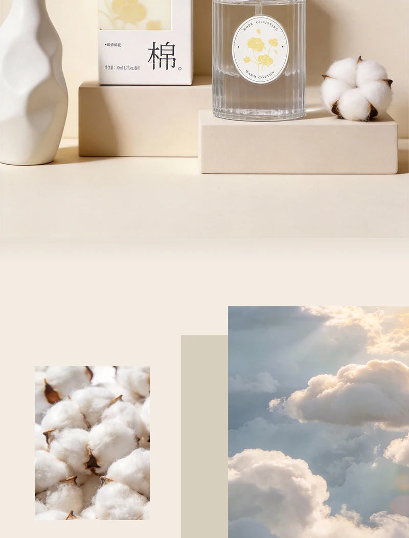 Hope Christine Warm Cotton unisex perfume, fresh scent, ribbed glass bottle, niche soap fragrance for daily wear.