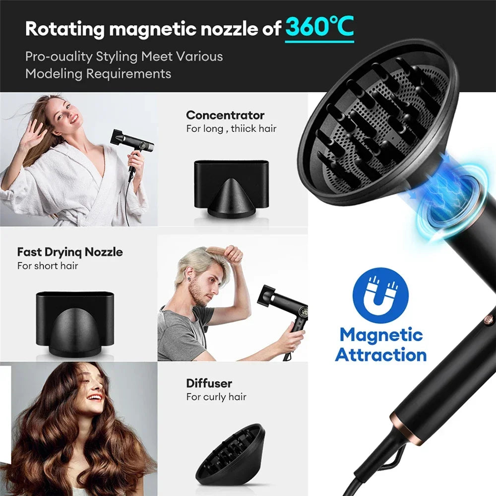 Black 1800W professional hair dryer with magnetic 360° nozzles and diffuser for all hair types and salon styling.