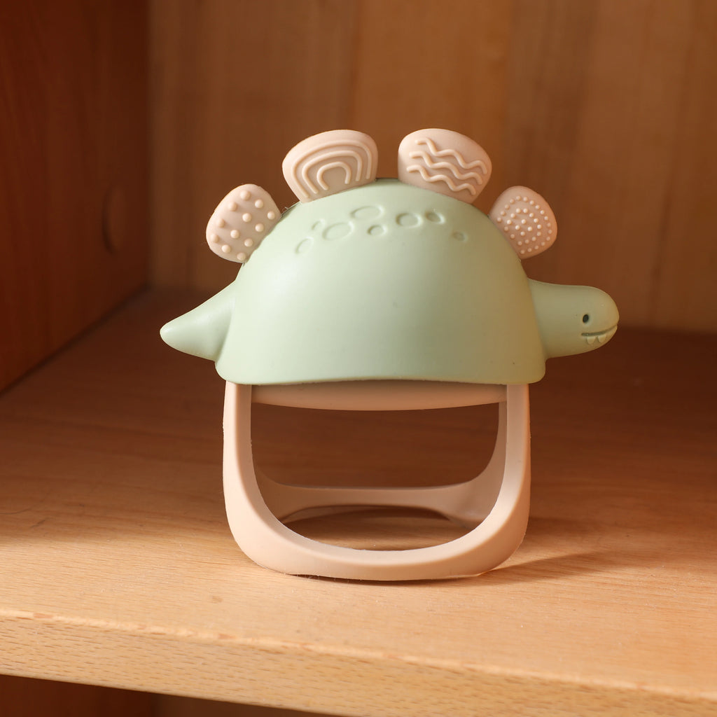 Baby Silicone Teether Toys,Perfect for Teething Toys 0-3-6 Months and Shower Gifts, BPA-Free, Ergonomic Dinosaur Wood Design.