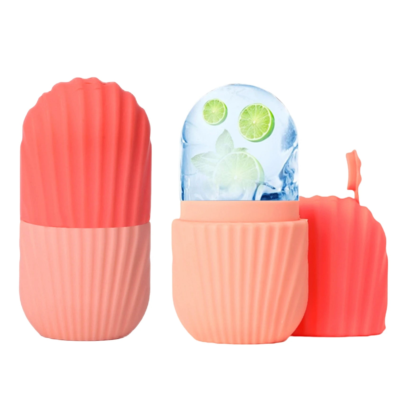 Coral and peach silicone ice face rollers, one capped and one open displaying a lime and mint-infused ice cube.
