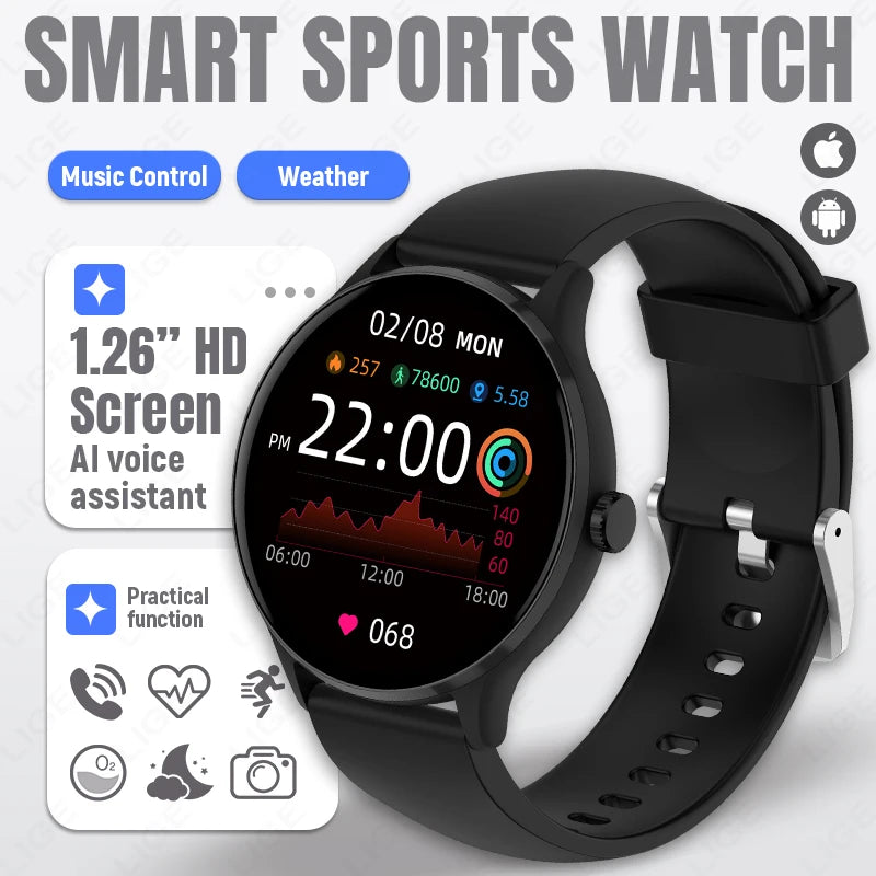 LIGE 1.26" HD Smart Watch 24/7 Health Monitoring Bluetooth Call 123+ Sports Modes IP68 Waterproof Sleep Tracker for Android iOS