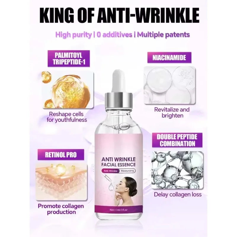 Anti-Wrinkle Facial Essence with Retinol, Niacinamide, and Peptides in a 10ml glass dropper bottle for firming skin.