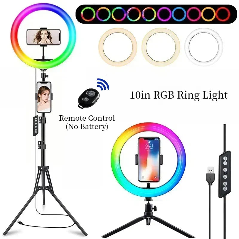 10-inch RGB ring light on a tripod stand with a phone holder, remote control, and adjustable color settings.