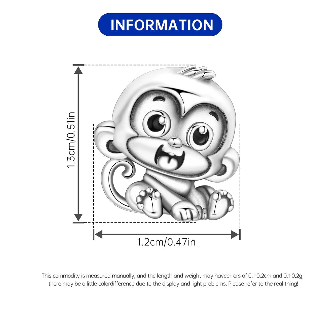 Cute sterling silver monkey charm bead for DIY pet-themed bracelets. 1.3cm x 1.2cm trendy jewelry gift.