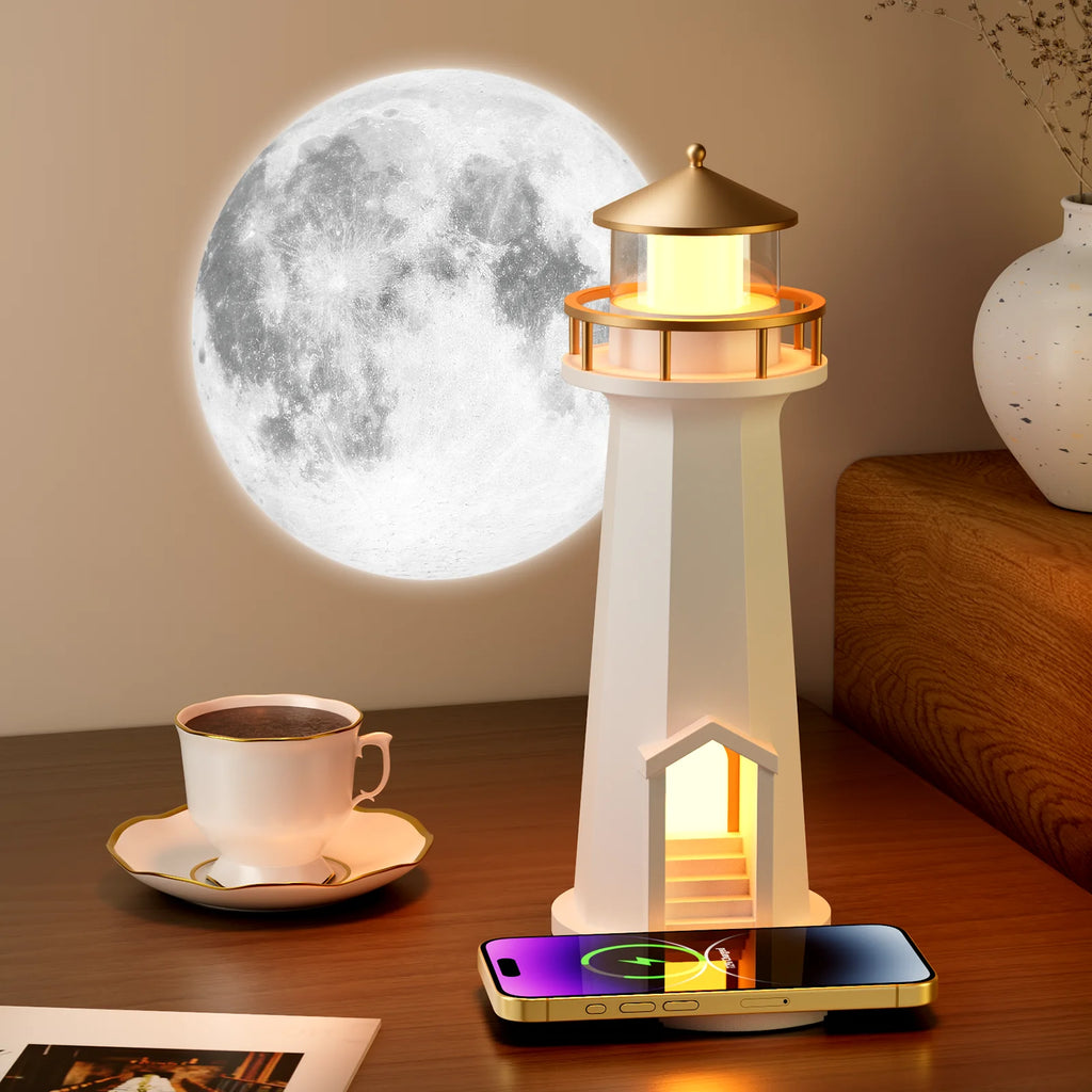 Qi Certified Wireless Charger Lamp with LED Projector - White WHITE Tidesmit
