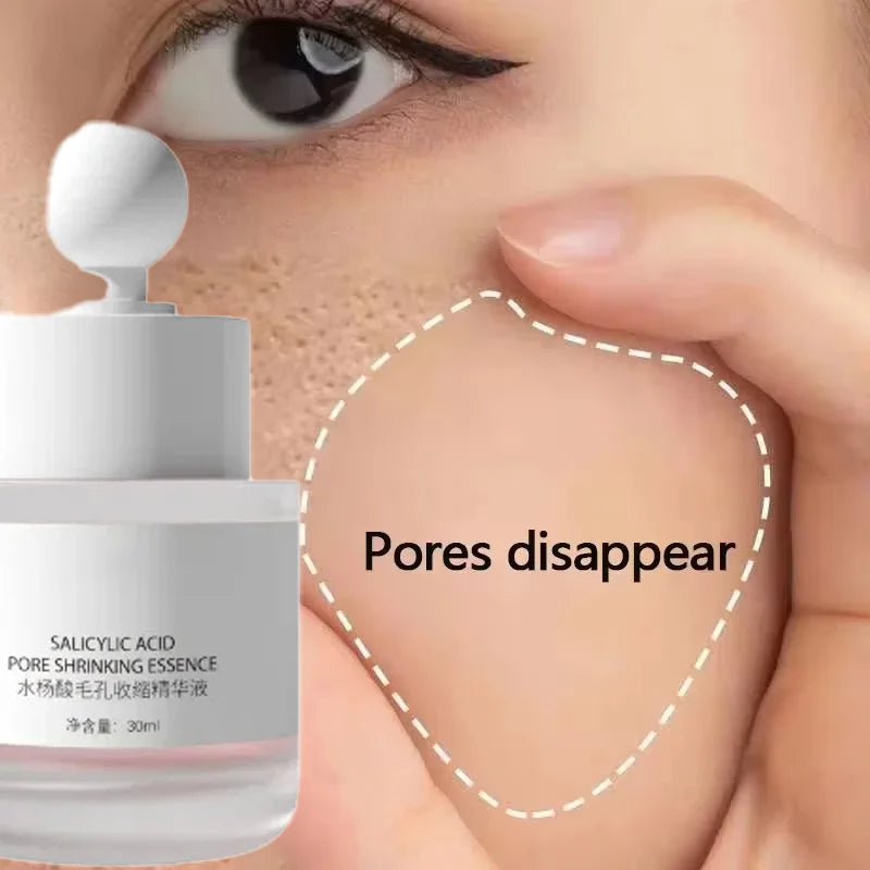 Salicylic Acid Pore Shrinking Essence serum in a white glass dropper bottle for smooth skin and facial pore reduction.