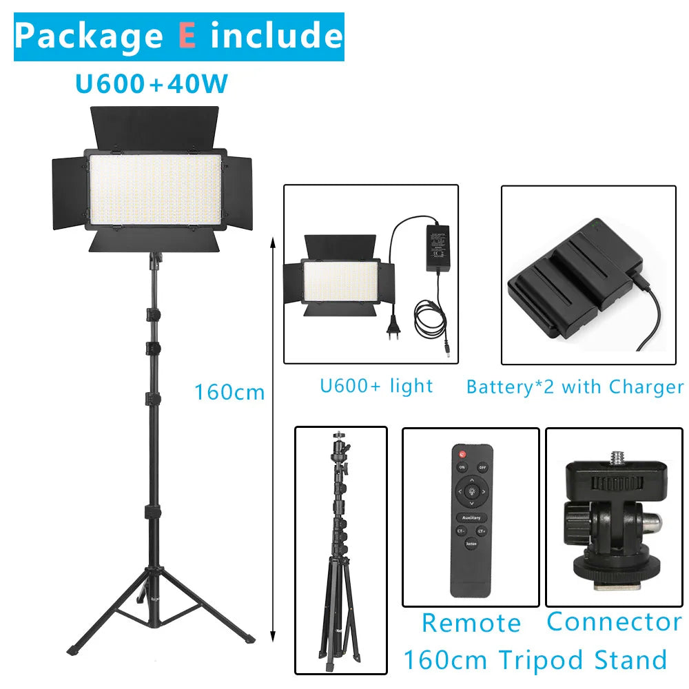 U600 LED video light kit with a 160cm tripod stand, two batteries, charger, remote, and mounting connector.