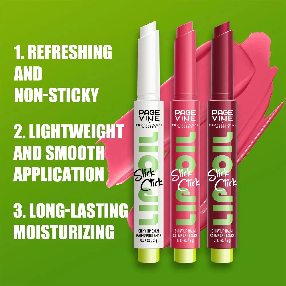 Three Page Vine click-press lip gloss sticks in pink shades with a smooth, moisturizing, non-sticky matte finish.