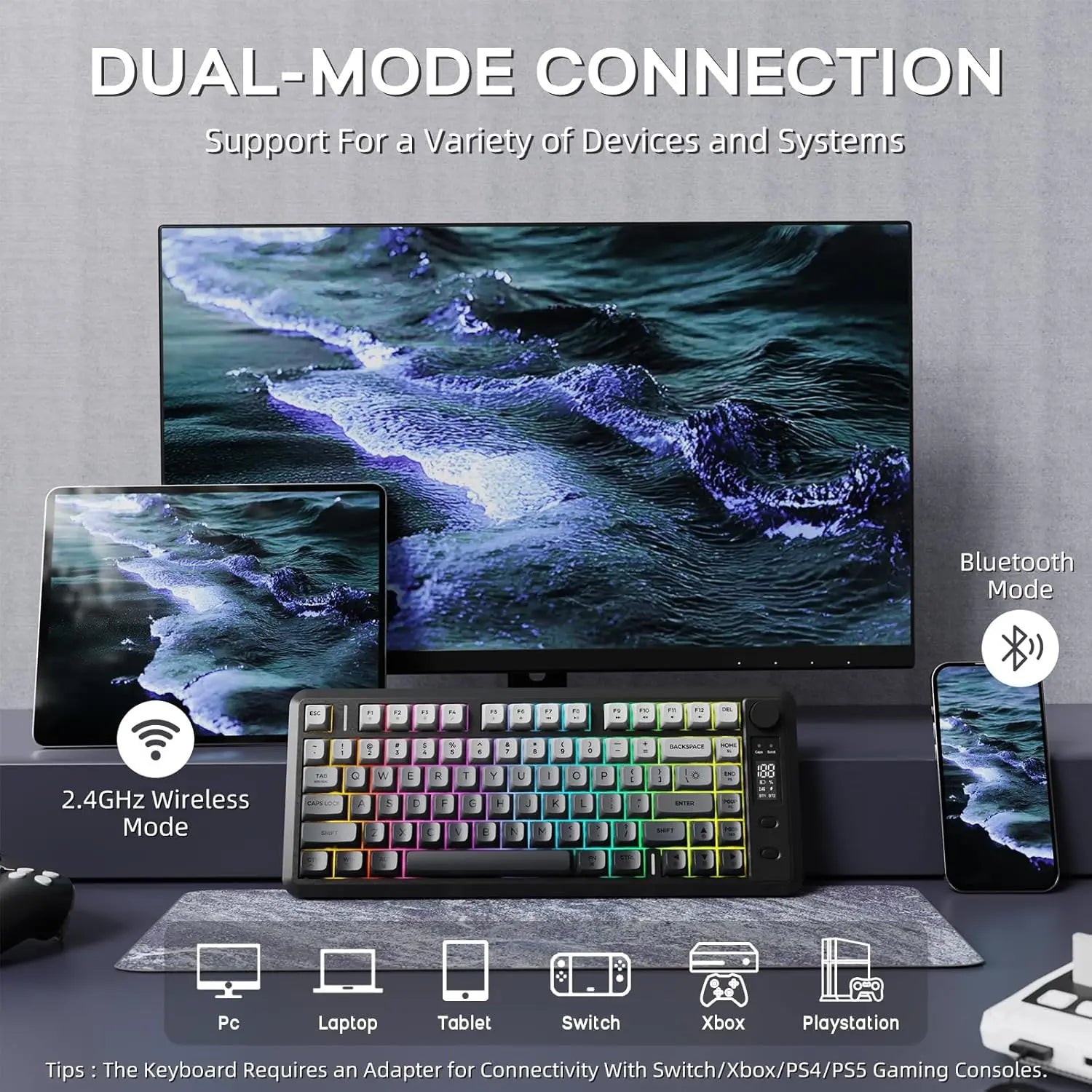 ATTACK SHARK M75 Wireless Membrane Gaming Keyboard with Knob&OLED Display Bluetooth/2.4Ghz Rainbow Backlit Gradient PBT Keycaps