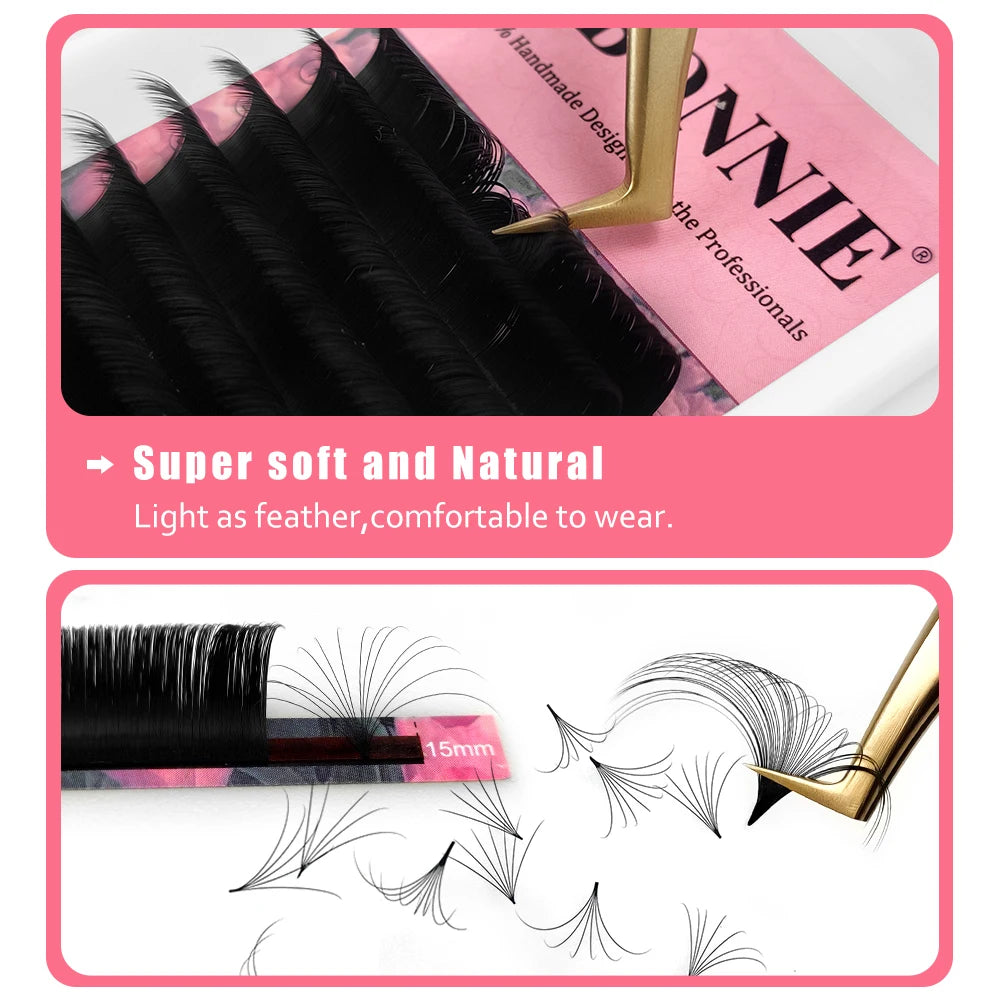 Abonnie black cashmere easy fan lash extensions on a 15mm tray, being picked up by gold tweezers to create volume fans.