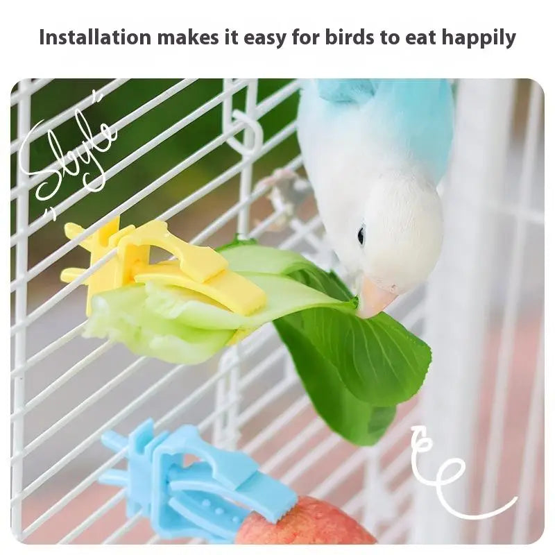 Yellow and blue plastic bird food clips holding fresh veggies and fruit inside a pet bird cage for easy feeding.