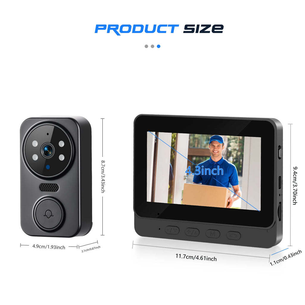 Podofo 4.3inch IPS Screen Wireless Doorbell Night Vision Intercom Video Monitor Video Two-way Intercom Doorbell Ring Door Camera