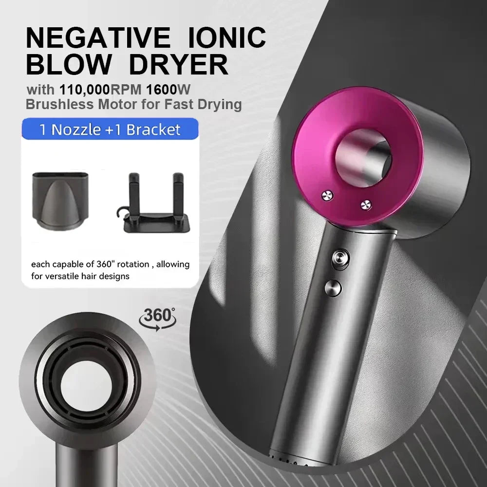 Professional leafless negative ion hair dryer in silver and pink with magnetic nozzle and stand for fast salon drying.