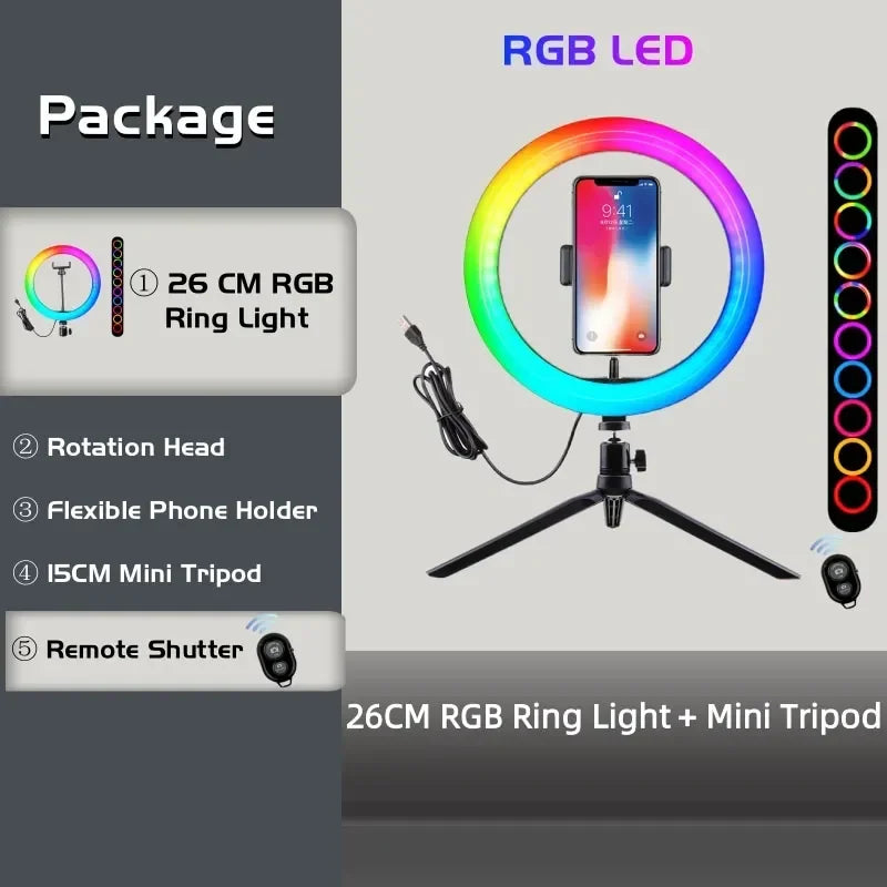 26cm RGB LED ring light with phone holder, rotation head, 15cm mini tripod, and Bluetooth remote for content creation.