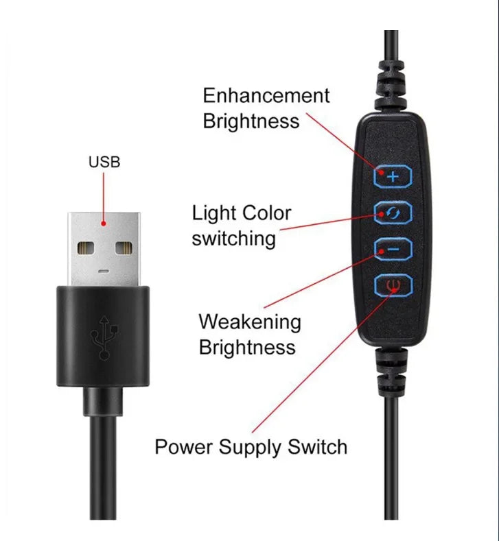 USB power cable with a black inline controller featuring buttons for brightness adjustment, color switching, and power.