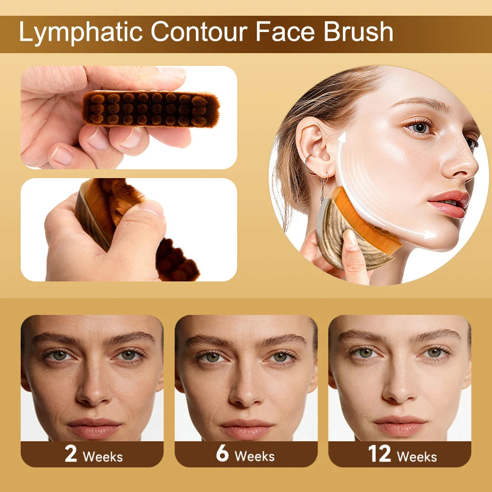 Brown, semi-circular face brush with dense bristles being used to contour and massage a woman's jawline.
