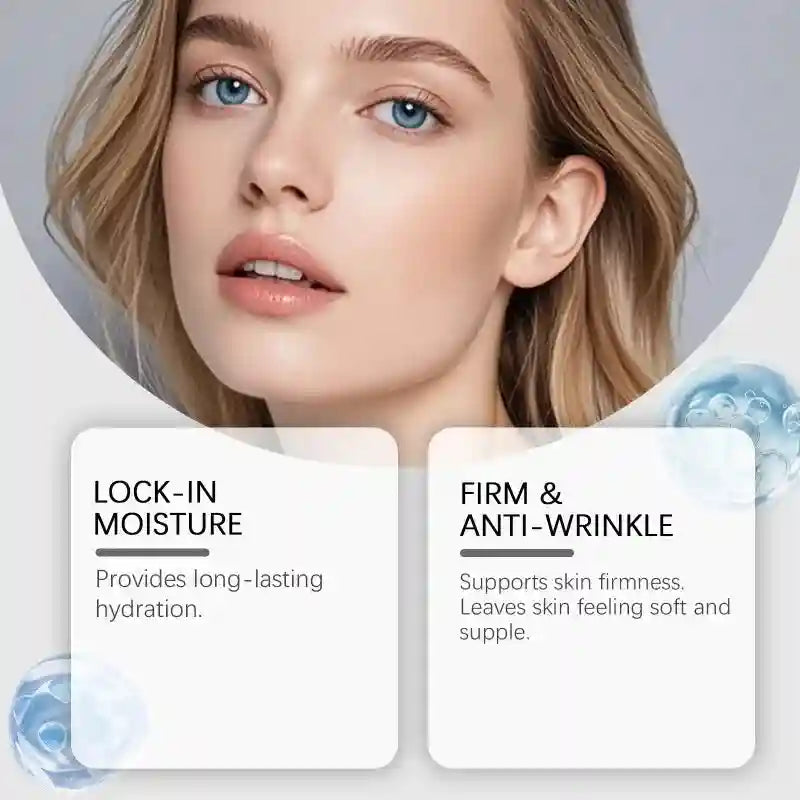 Facial skincare product for hydration and firming, featuring text about moisture locking and anti-wrinkle benefits.