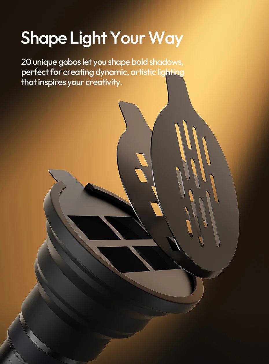 Black metal gobo insert with cutout patterns for a photography snoot, used to project artistic light and shadows.