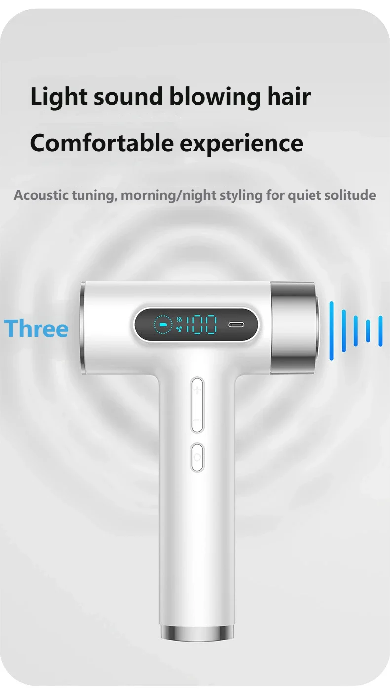 White wireless portable hair dryer for dorms with LCD display, USB charging, quiet motor, and high-wind speed settings.