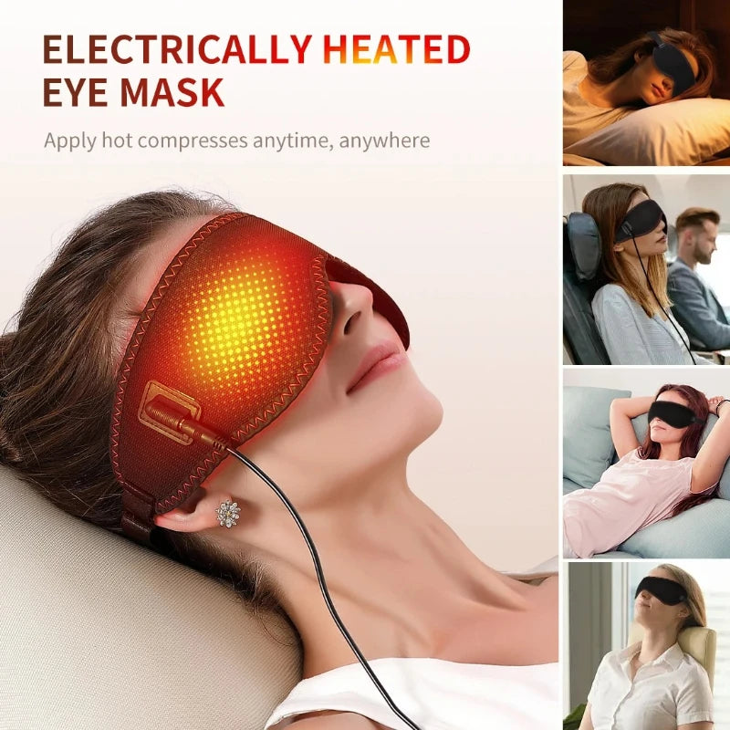 Woman wearing a black electrically heated eye mask with a glowing amber heating element shown in various settings.