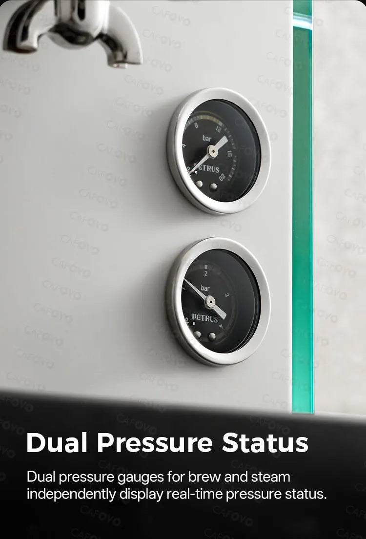 Petrus espresso machine with dual chrome analog pressure gauges on a white matte finish body for real-time monitoring.