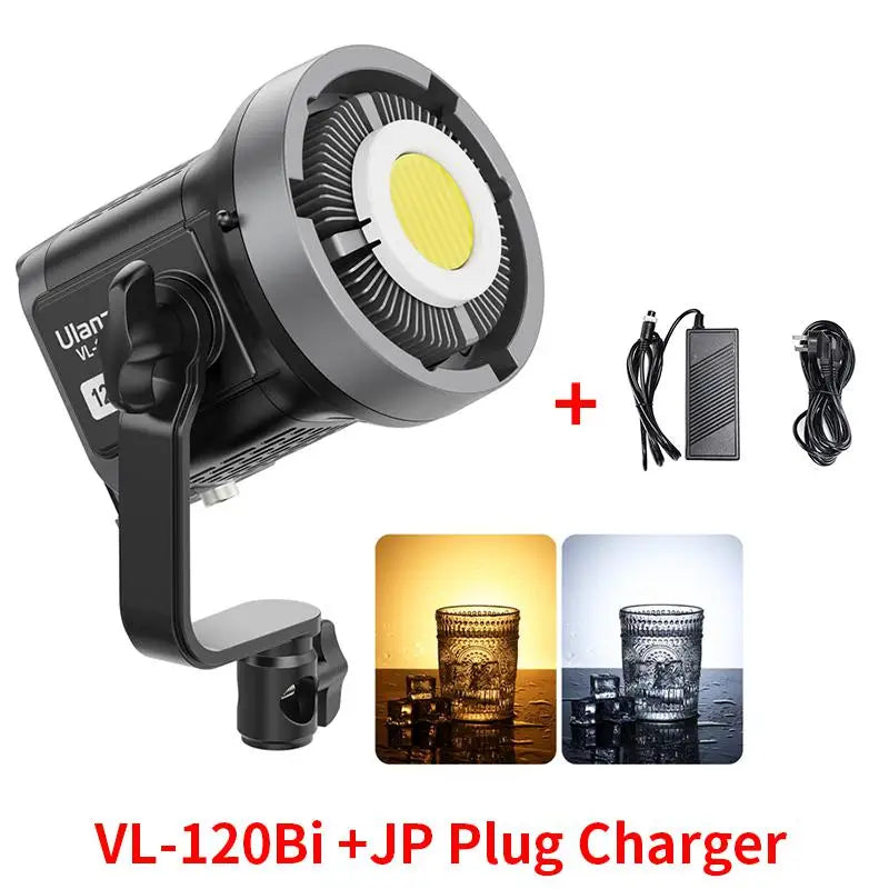 Black VL-120Bi LED studio light with mounting bracket, power adapter, and example photos showing warm and cool light.