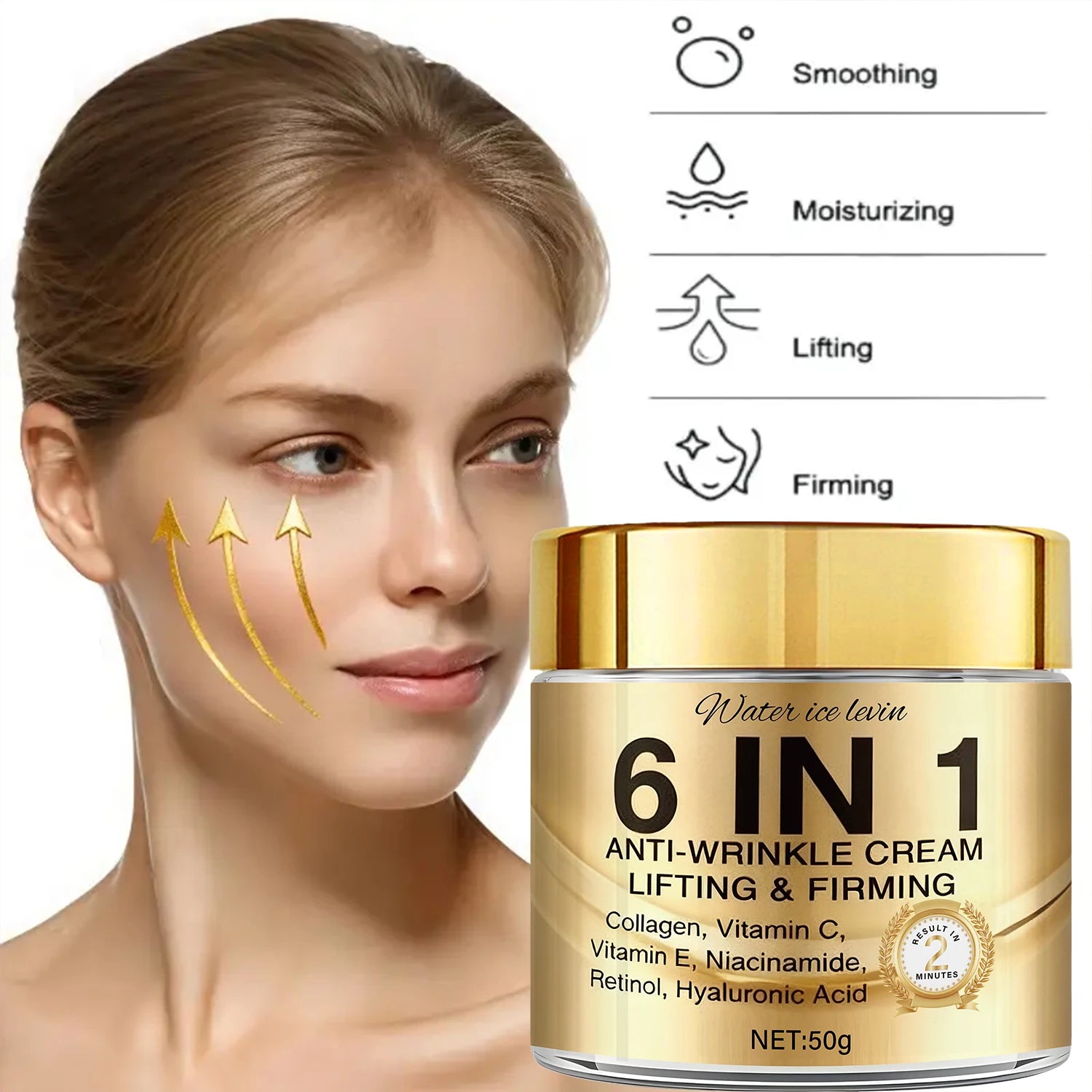6-In-1 Anti-Wrinkle Cream. Lifts Firms Smooths Moisturizes. Collagen Vitamin C E Niacinamide Retinol Hyaluronic Acid. 50g