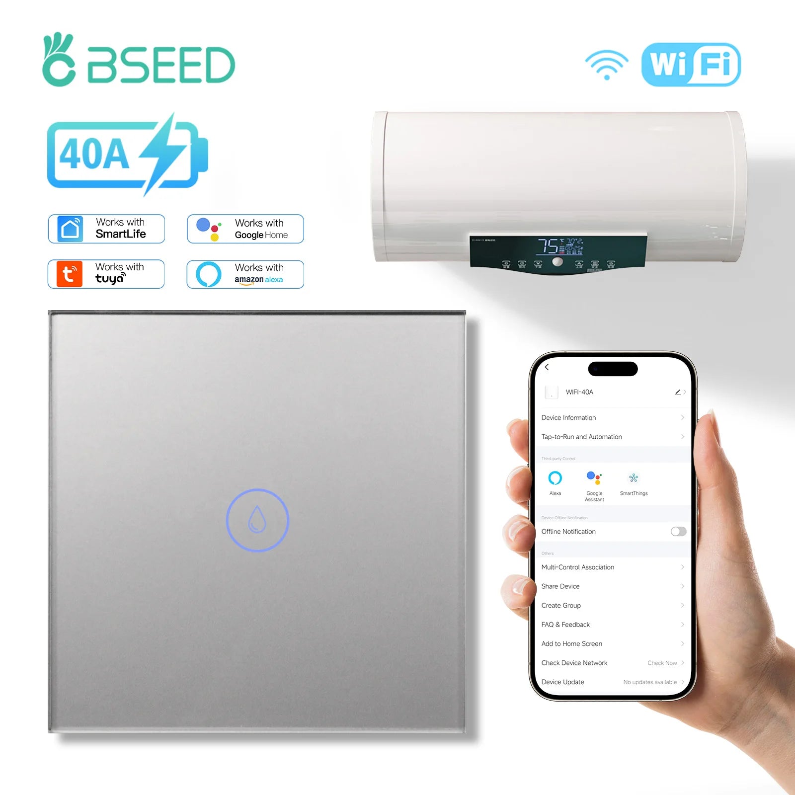 BSEED Wifi Smart Water Heater Switches Touch Boiler Switches 40A Plus EU Waterproof Socket For Kitchen Batroom Tuya Smart Life