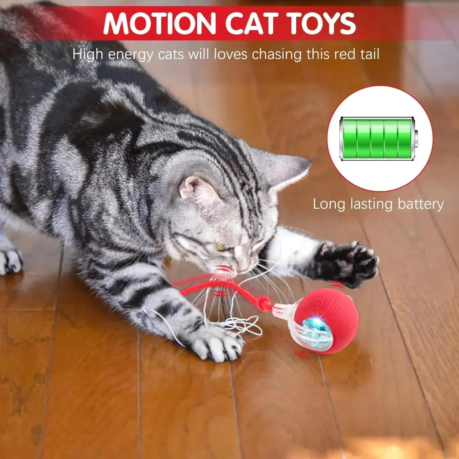 Tabby cat playing with a red rechargeable interactive smart ball toy with a motion tail for active exercise.