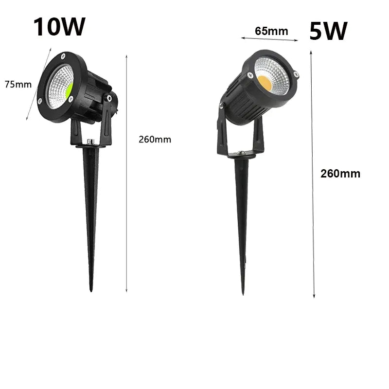 Outdoor LED spike lights size chart: 5W and 10W with dimensions shown