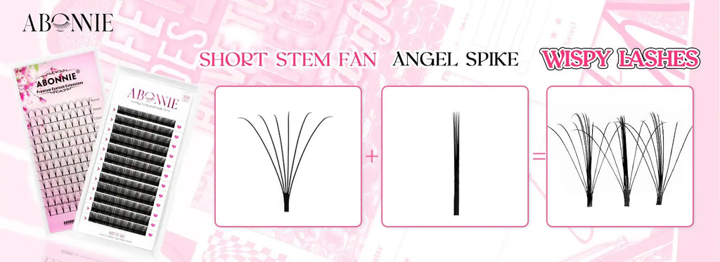 Abonnie lash trays showing short stem fans combined with angel spikes to create a wispy Russian volume lash effect.