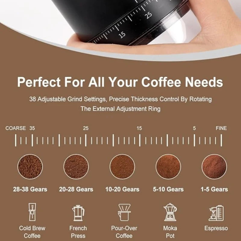 Black manual coffee grinder with 38 adjustable precision grind settings for espresso, pour-over, and French press.