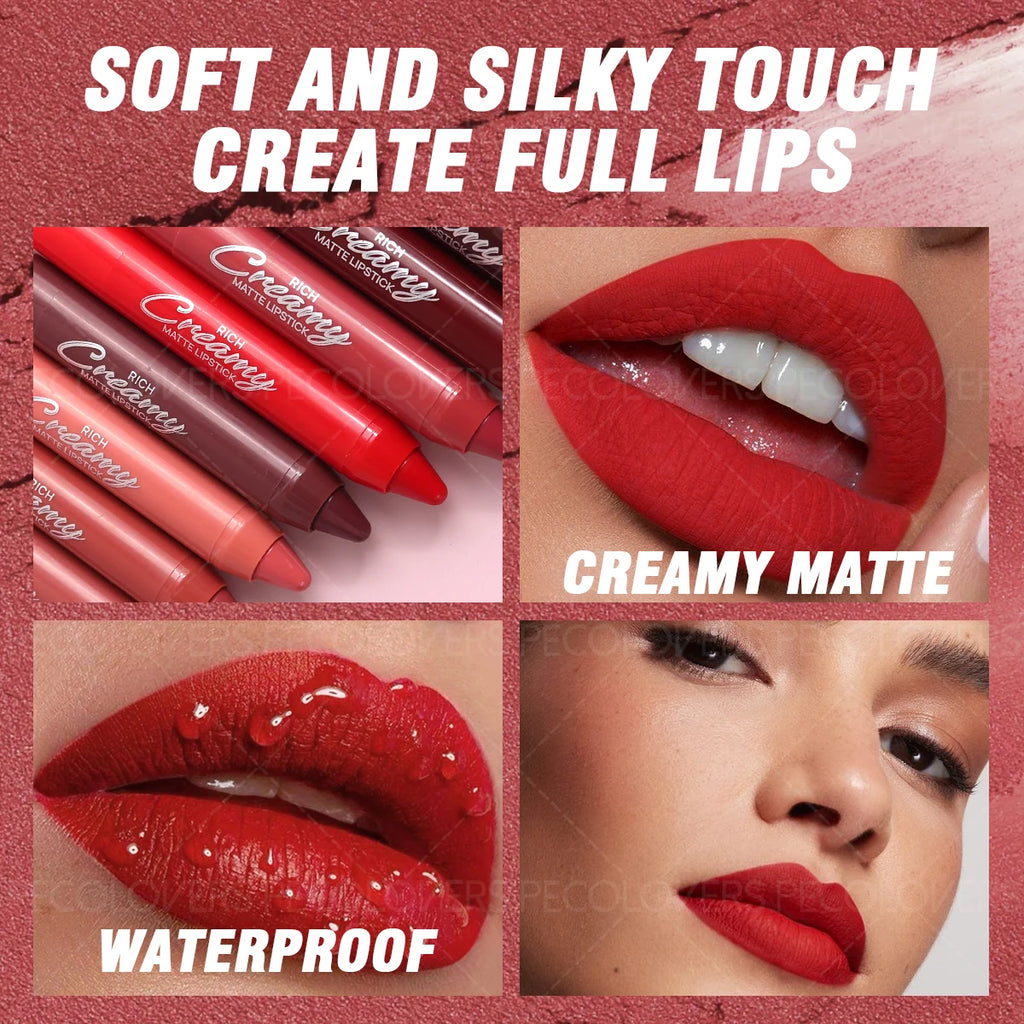 Soft matte lip crayon set with creamy, waterproof texture for vibrant, long-lasting lip makeup application.