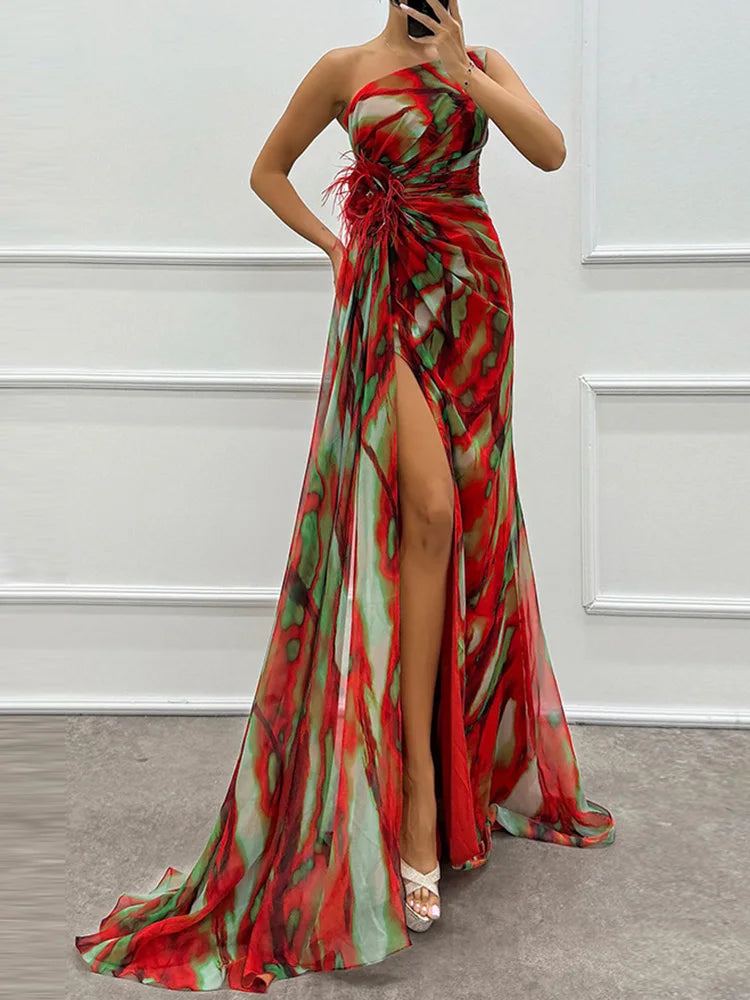 Printed Skew Collar Simple Party Dress, Women Summer Patchwork Sleeveless Elegant Maxi Dress, 2024 Backless Fashion Ladies Dress