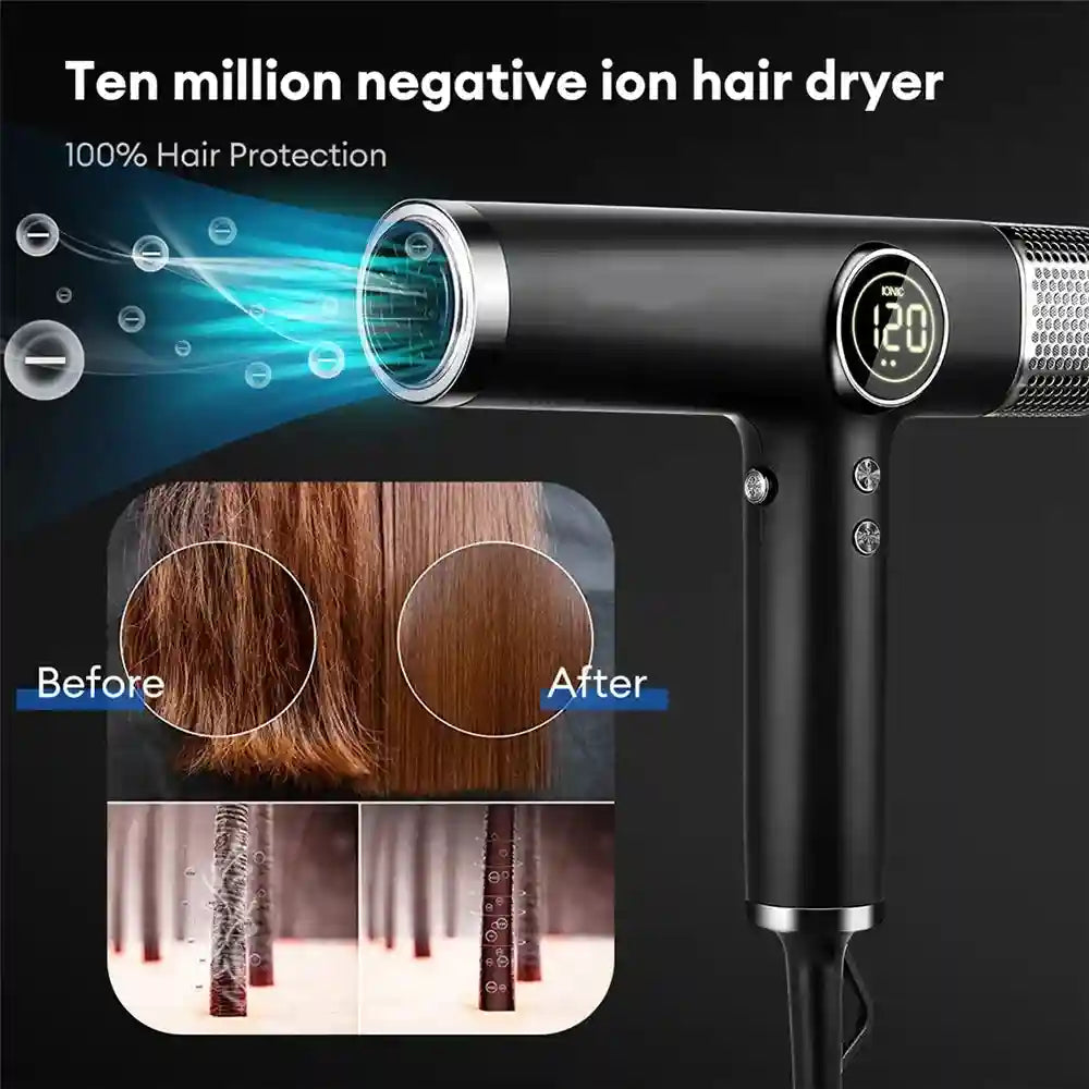 Black high-speed 1800W negative ion hair dryer with digital LED display for professional salon results and hair care.