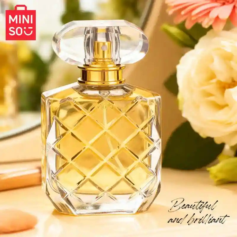 MINISO Glowing Happiness EDP 50ml: Women's floral fruity luxury perfume in a quilted glass bottle with gold cap.