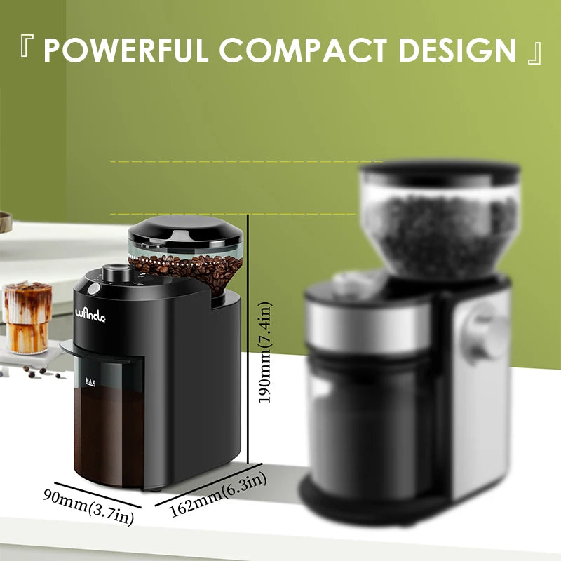 Wandle compact black electric coffee grinder with clear bean hopper and grounds container, 190mm tall.