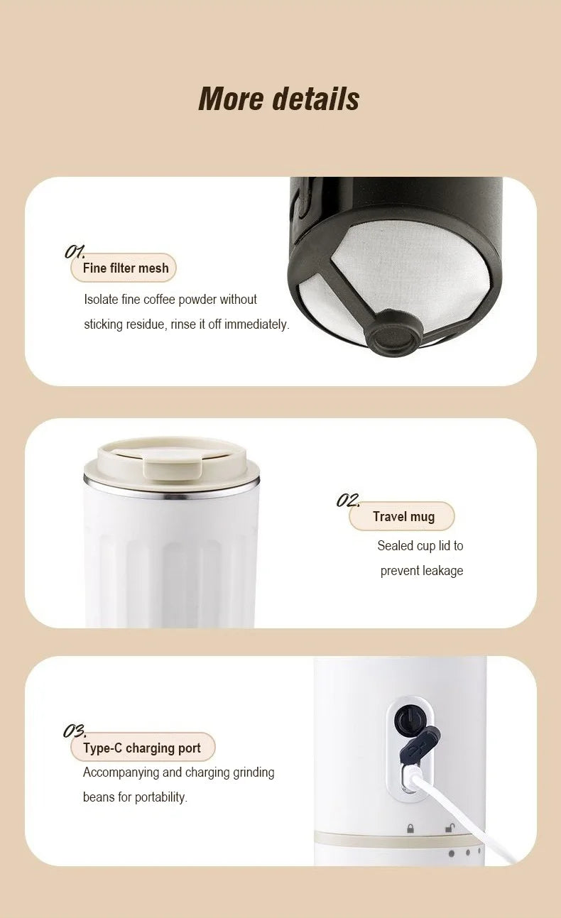 Portable white coffee maker features fine mesh filter, sealed travel mug lid, and Type-C USB rechargeable port.