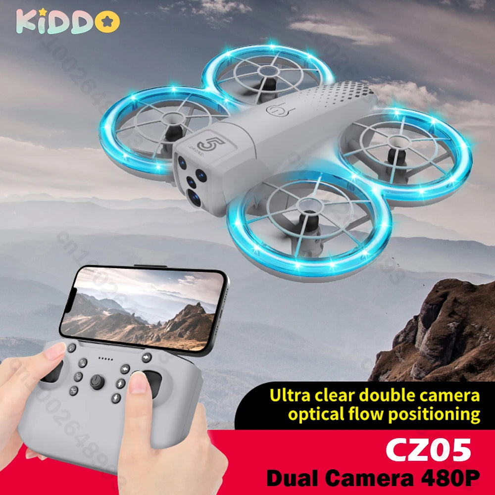 CZ05 mini drone with glowing blue circular blade guards, dual cameras, and a smartphone-compatible gray controller.