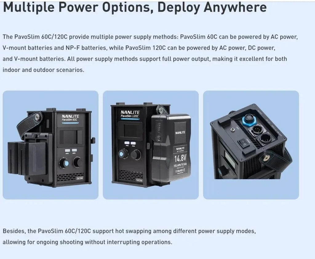 PavoSlim 60C and 120C LED control boxes with black metal casing, featuring ports and battery mounts for portable power.