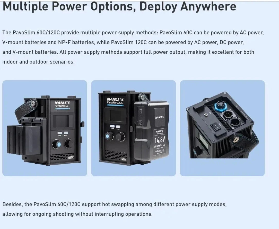 PavoSlim 60C and 120C LED control boxes with black metal casing, featuring ports and battery mounts for portable power.