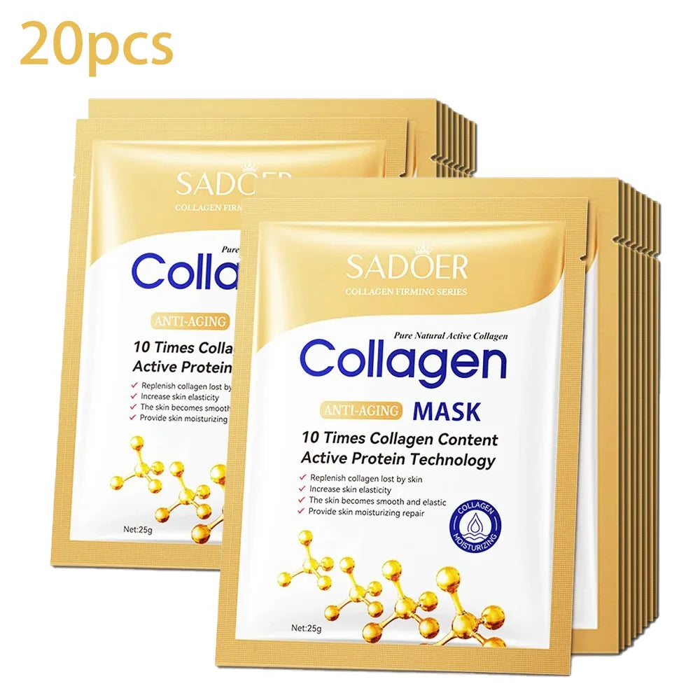 Collagen face sheet mask set in gold pouches and white packets, 20 count