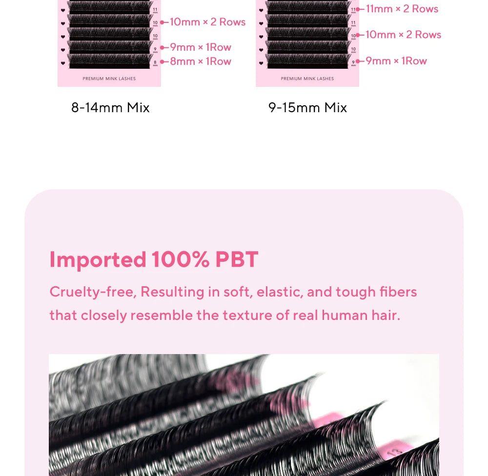 Black U-shaped YY eyelash extensions in trays, made from soft, premium PBT fibers for a natural, featherlight look.