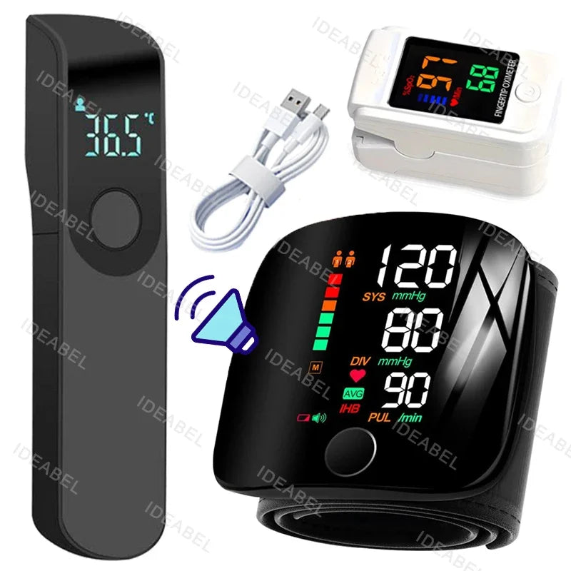 New LED Wrist Blood Pressure Monitor English Voice Broadcast Sphygmomanometer Tonometer BP Monitor Forehead Digital Thermometer